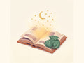 Un livre ouvert dont les pages brillent, un croissant de lune et des étoiles s'en échappent, un petit dragon endormi