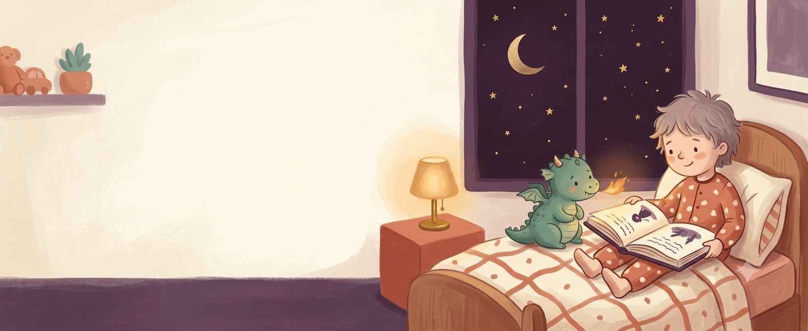 Un enfant lit une histoire dans son lit, un petit dragon vert posé sur la couette souffle une flamme qui éclaire le livre