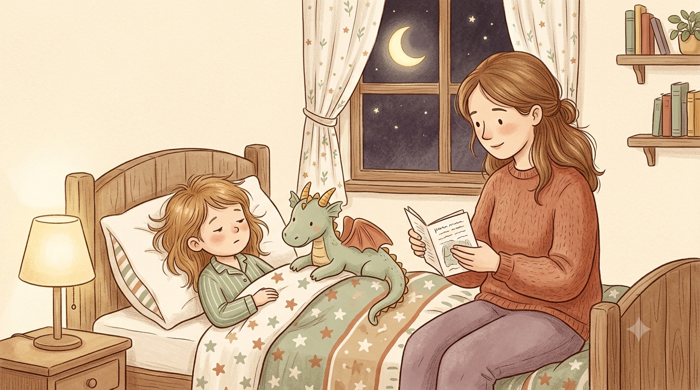 Un parent lit une histoire imprimée à son enfant au moment du coucher