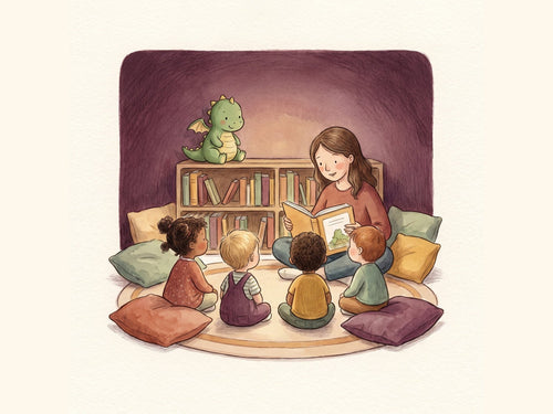 Un coin lecture de crèche : des enfants écoutent une adulte lire une histoire