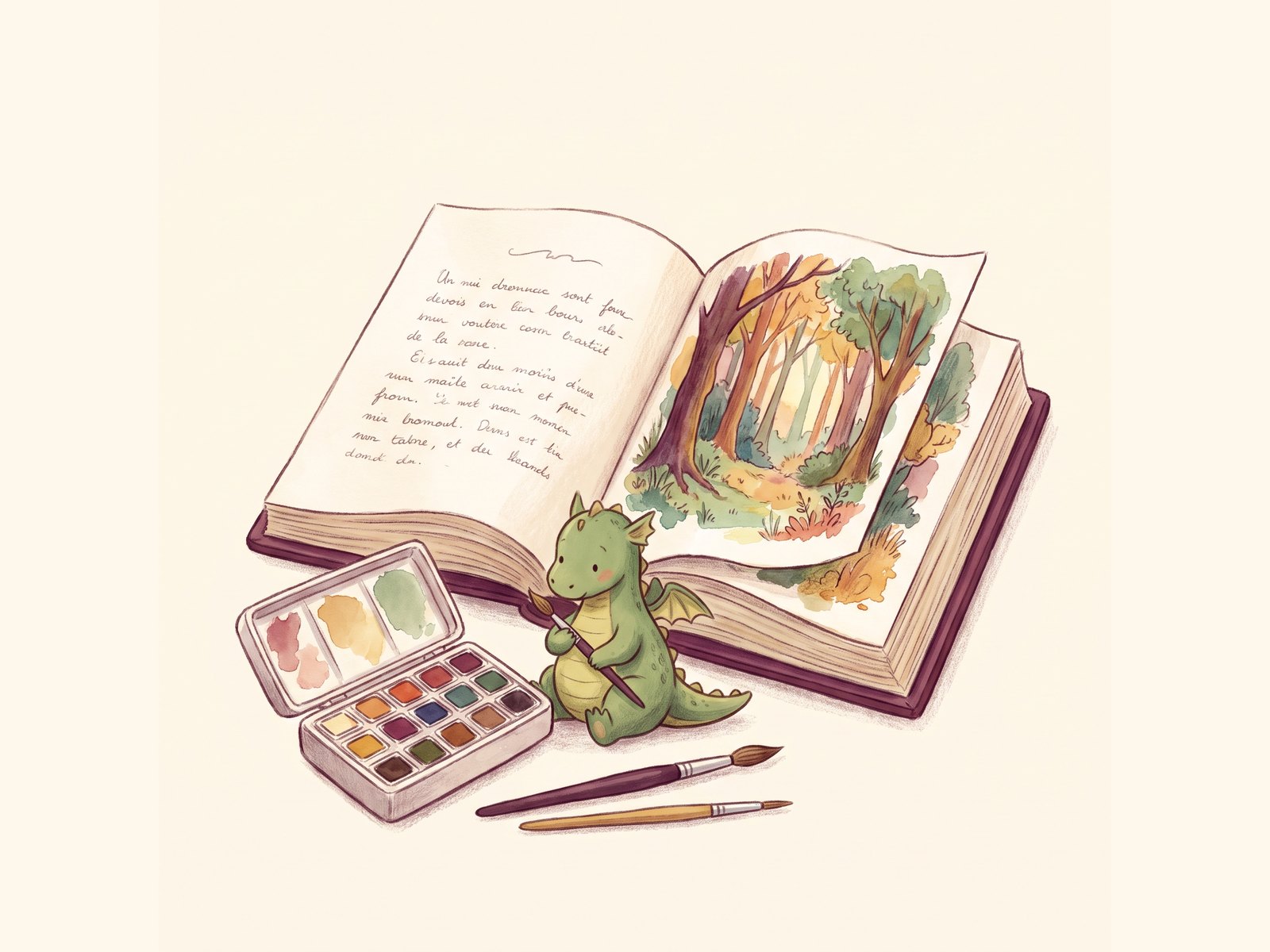 Un livre ouvert et une boîte d'aquarelle côte à côte, un petit dragon vert tenant un pinceau