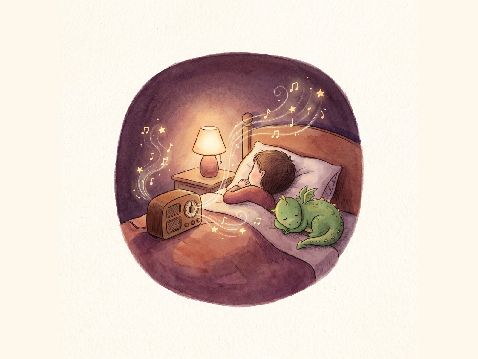 Un enfant endormi écoute une histoire venue d'un vieux poste de radio, un petit dragon vert contre lui