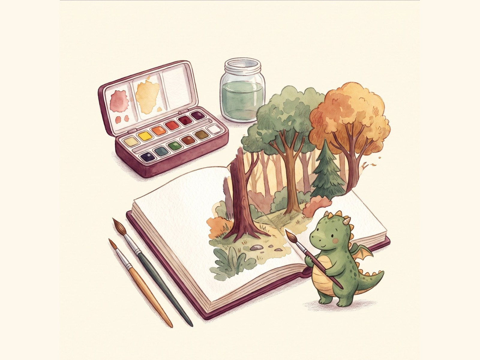 Une boîte d'aquarelle et une page d'album où un dessin de forêt prend vie