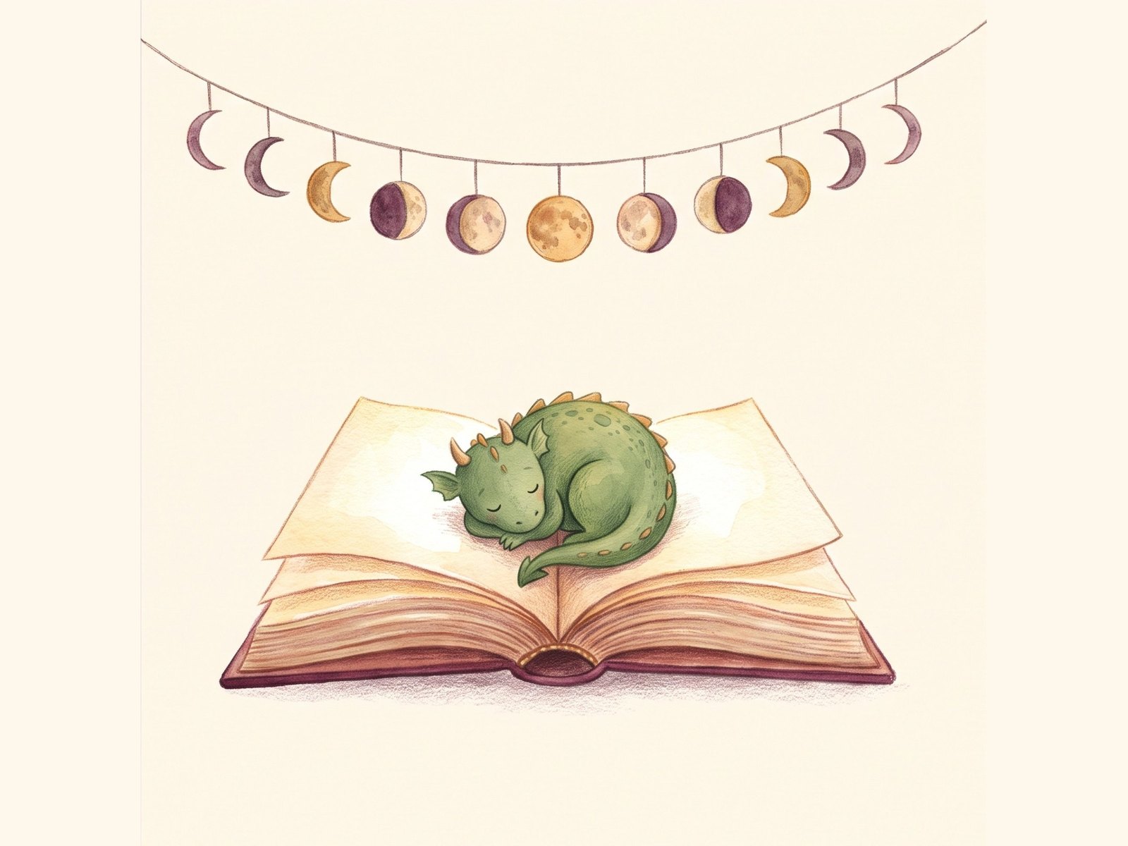 Une guirlande de douze petites lunes au-dessus d'un grand livre ouvert